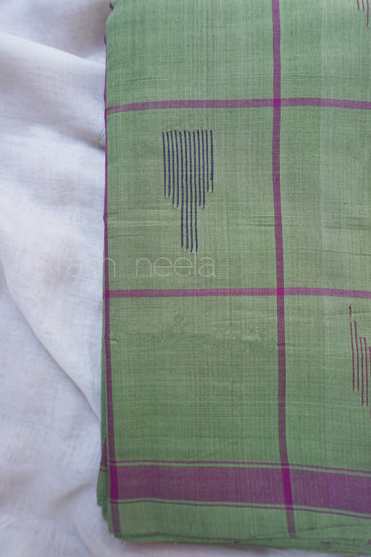 Green and purple checkered Angara cotton saree - Niram Neela