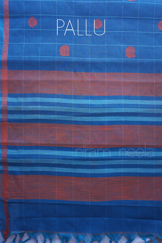 Blue and orange check Godavari cotton saree | Niram Neela