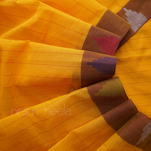 Yellow and brown Aruppukottai cotton saree- - Niram Neela