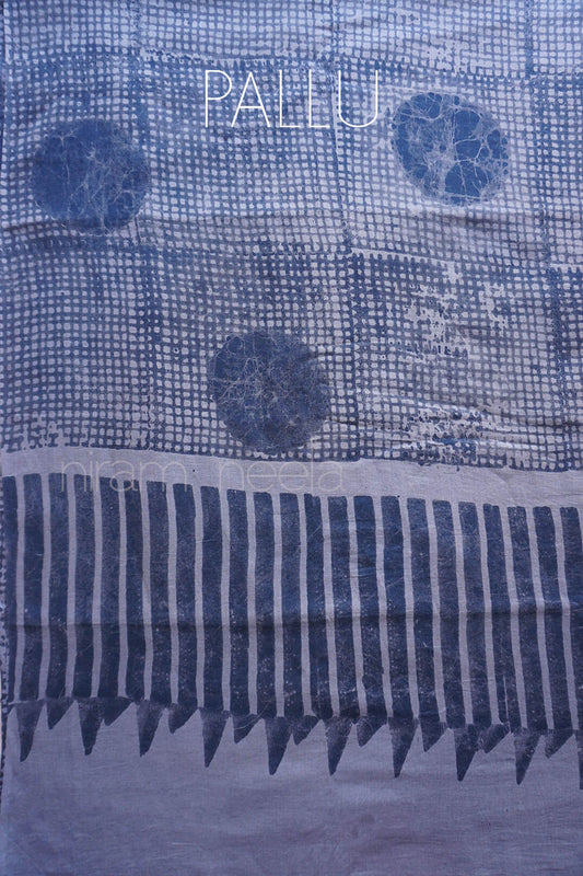 Blue and grey cotton Batik print saree | Niram Neela