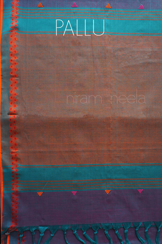 Turquoise blue and orange Begumpuri cotton saree | Niram Neela