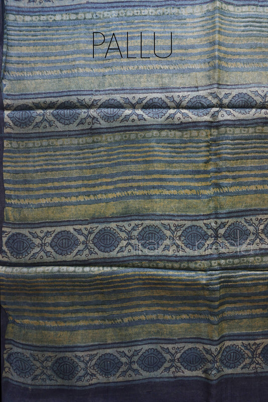 Indigo and slate green Vanaspati print tussar silk saree| Niram Neela