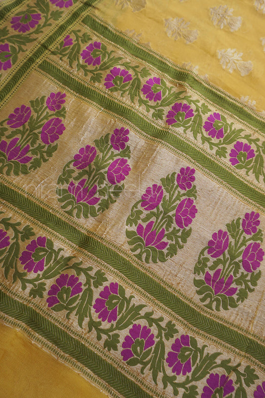 Yellow and green Banarasi silk chiffon saree | Niram Neela