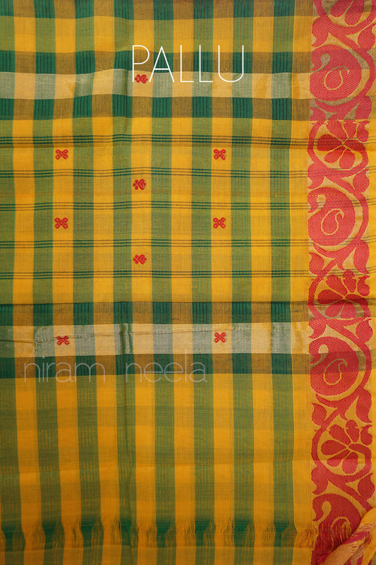 Yellow and green checkered Chettinad cotton saree - Niram Neela