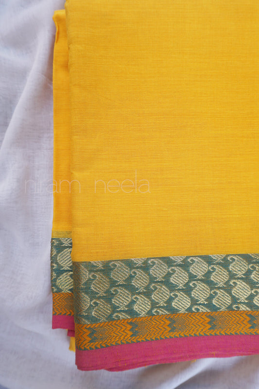 Yellow and green Chettinad cotton saree - Niram Neela
