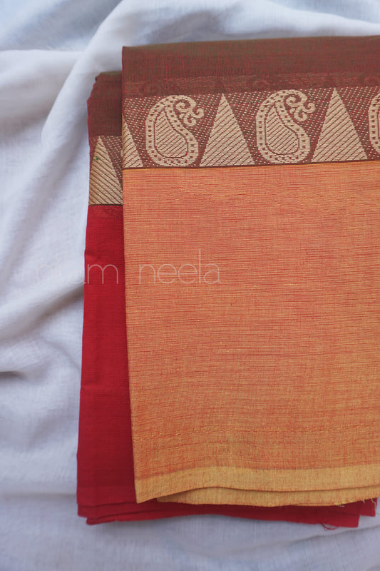 Brown and red Ganga jamuna Chettinad cotton saree - Niram Neela