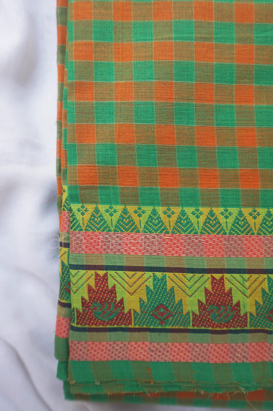 Green and orange checkered Chettinad cotton saree - Niram Neela