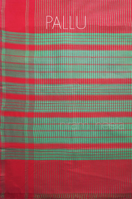 Tomato pink and green striped handloom Chettinad cotton saree | Niram Neela