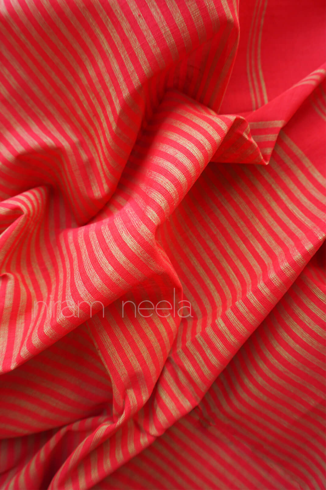 Tomato pink and green striped handloom Chettinad cotton saree | Niram Neela