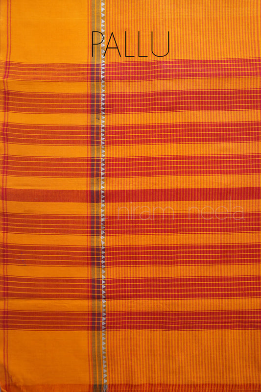 Yellow and red striped Chettinad handloom cotton saree| Niram Neela
