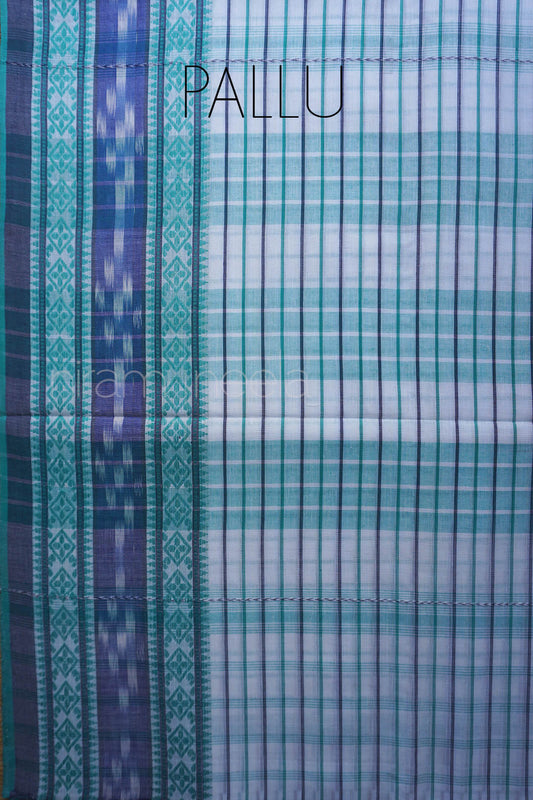 White and teal check Dhaniakhali saree | Niram Neela