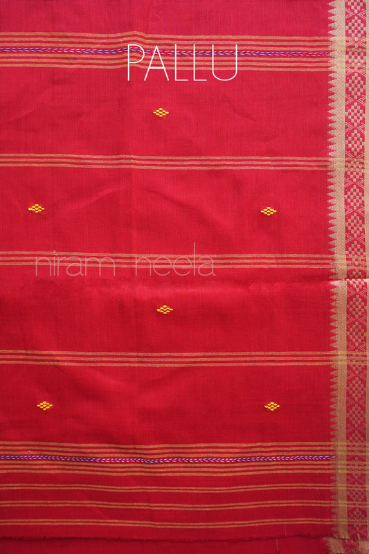 A red cotton saree pallu with horizontal brown stripes, small yellow diamond motifs, and a patterned border on the right side. The word 'PALLU' is printed in white at the top, and a watermark 'niram neela' is visible across the middle.