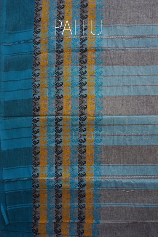 Grey and blue Dhaniakhali cotton saree | Niram Neela
