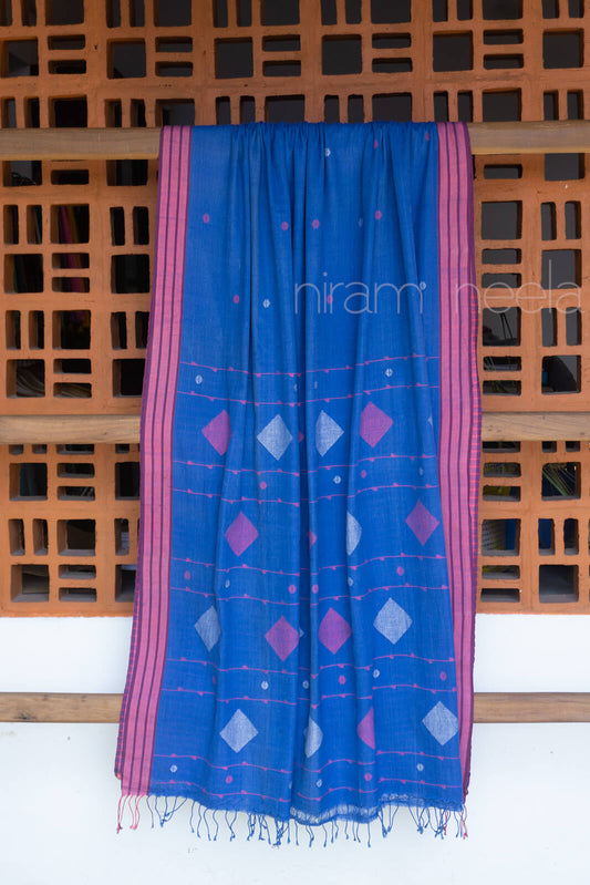 Blue and pink Bengal jamdani cotton saree - Niram Neela