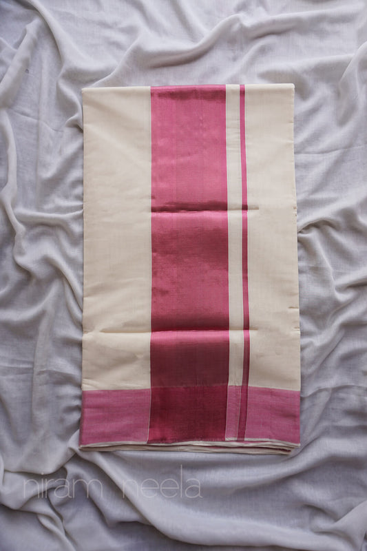 Ivory and metallic pink Kasavu cotton saree - Niram Neela