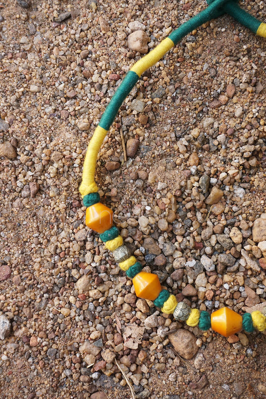 Yellow and green handmade wooden neckpiece - Niram Neela