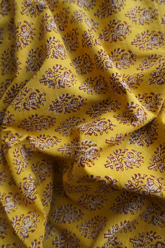 Yellow floral Pharad print cotton fabric | Niram Neela
