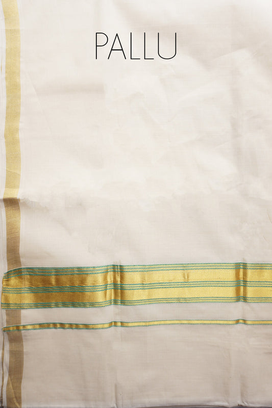 Ivory and teal Kasavu cotton saree - Niram Neela