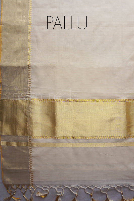 Ivory,gold and silver Kasavu cotton saree | Niram Neela
