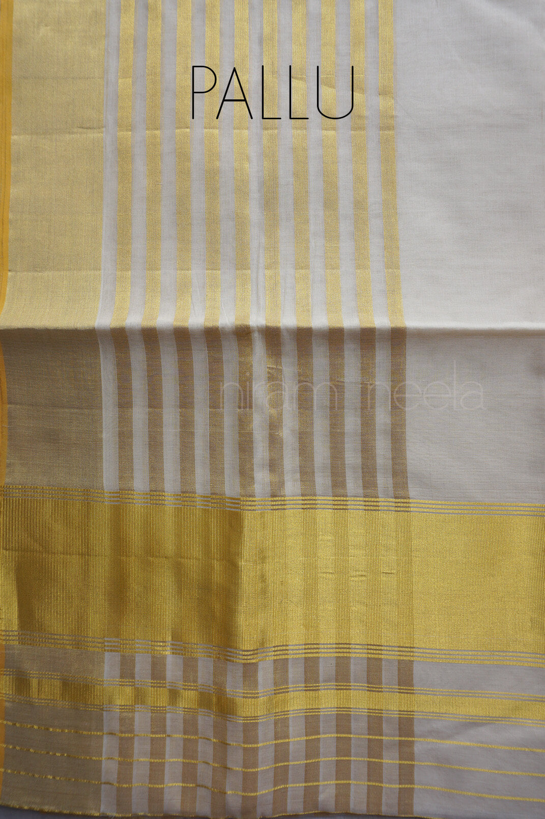 Ivory and golden striped Kasavu saree | Niram Neela