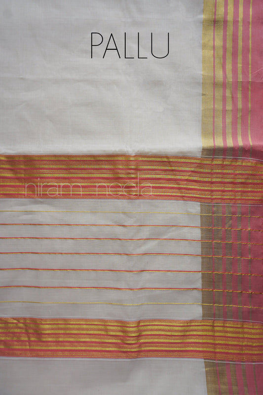 Ivory and rose pink Kerala Kasavu cotton saree | Niram Neela