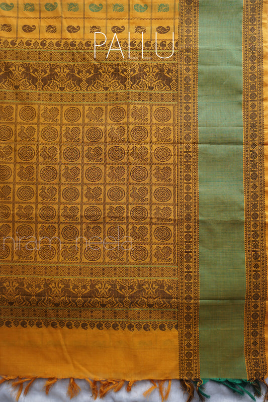 Yellow and green aayiram butta Kanjivaram cotton saree - Niram Neela