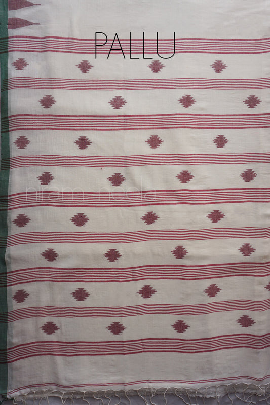 White and red Bengal jamdani silk cotton saree | Niram Neela