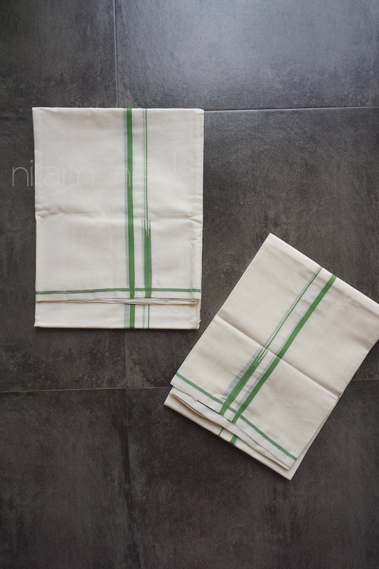 Ivory and green Puliyilakkara set mundu | Niram Neela