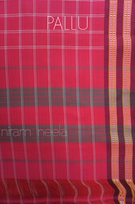 Pink and maroon checkered Santeri Kunbi cotton saree - Niram Neela