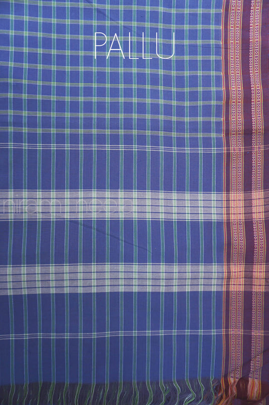 Blue and green checkered Kunbi cotton saree - Niram Neela