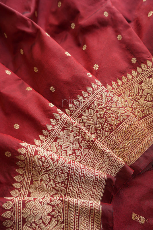 Wine red and gold Banaras Kadhua bridal red silk saree | Niram Neela