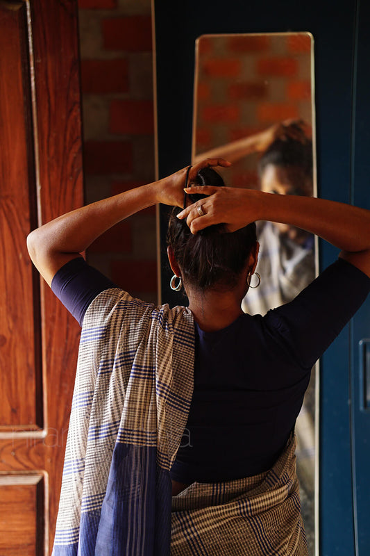 Grey and blue check Mangalagiri cotton saree | Niram Neela