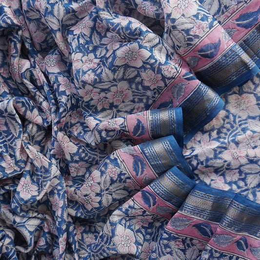 Blue and pink printed Maheshwari silk cotton saree - Niram Neela