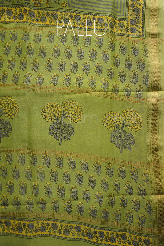 Lime green and yellow block printed Maheshwari silk cotton saree | Niram Neela