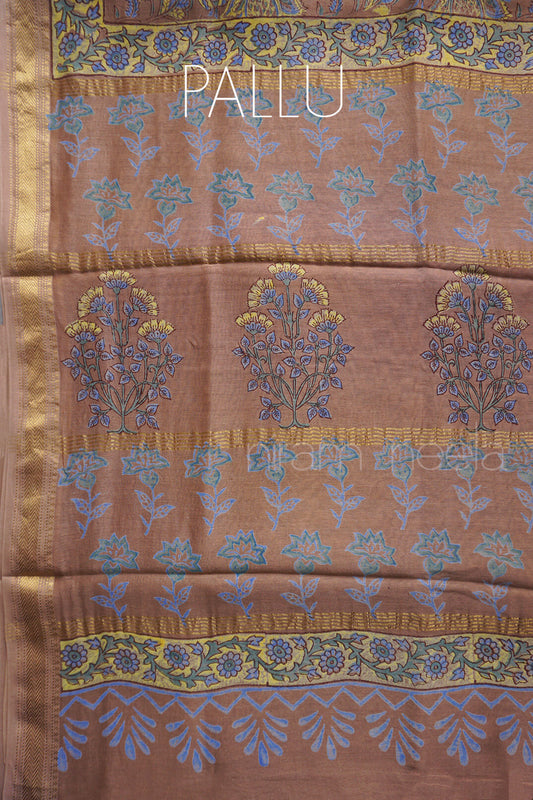 Brown and yellow block printed Maheshwari silk cotton saree | Niram Neela