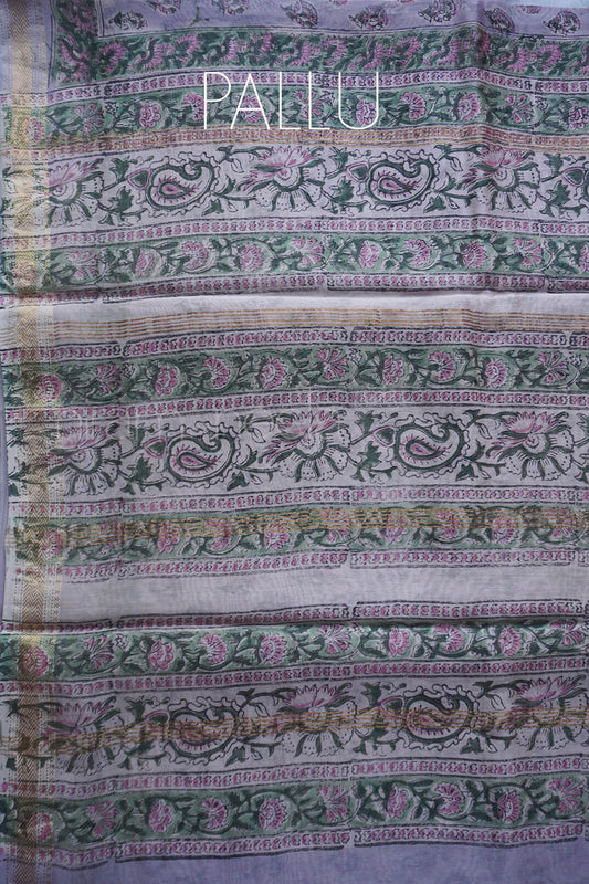Lilac and pink block printed Maheshwari silk cotton saree | Niram Neela