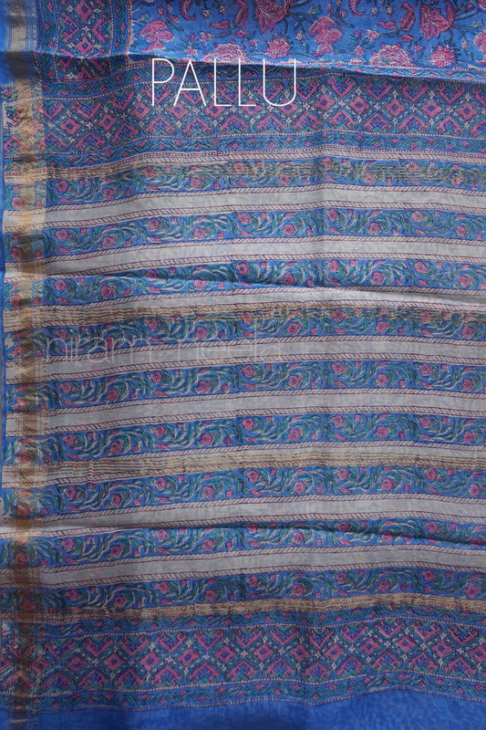 Blue and pink block printed Maheshwari silk cotton saree | Niram Neela