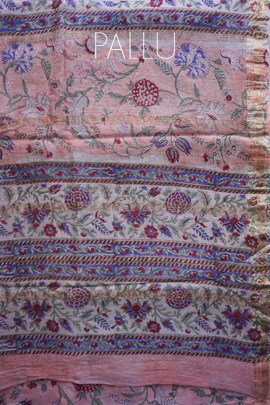 Peach and maroon block printed Maheshwari silk cotton saree | Niram Neela