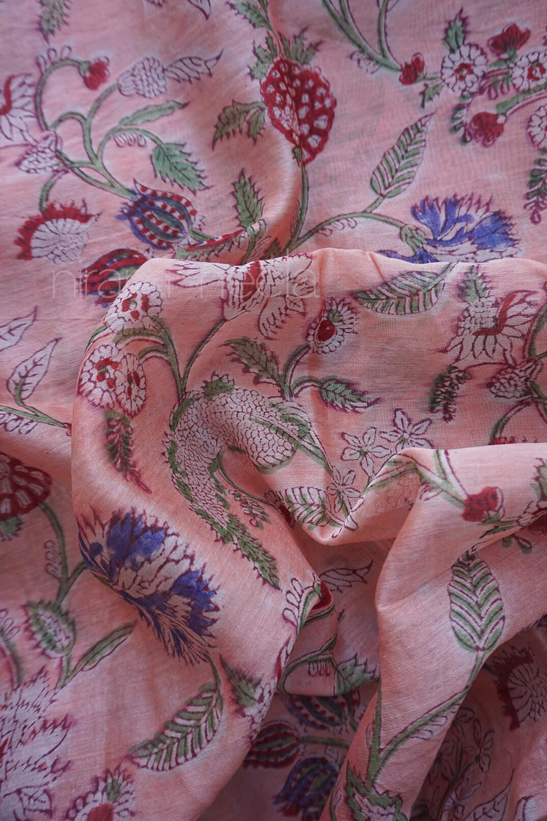 Peach and maroon block printed Maheshwari silk cotton saree | Niram Neela