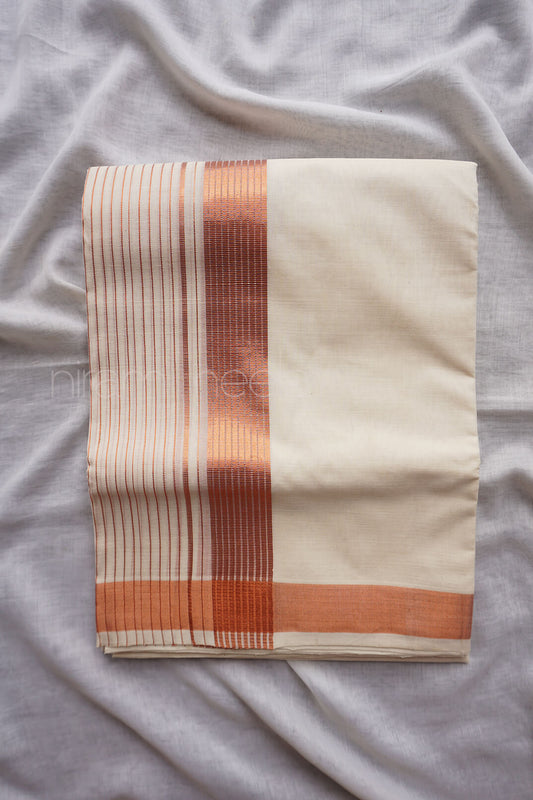 Ivory and copper kasavu double mundu - Niram Neela