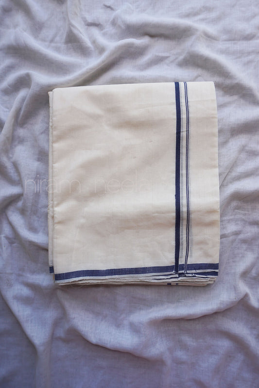 Ivory and blue double mundu | Mundu for men by Niram Neela