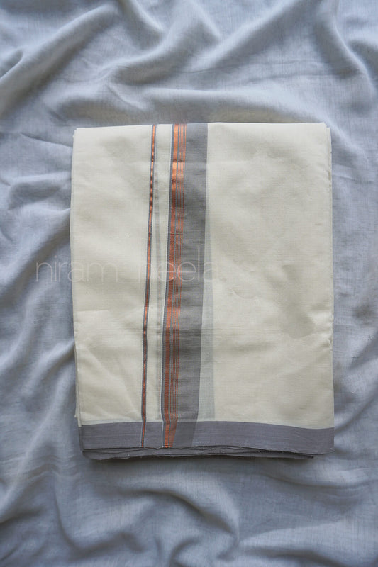 Ivory and grey handloom double mundu for gents by Niram Neela
