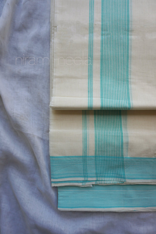 Ivory and teal double mundu for men | Niram Neela