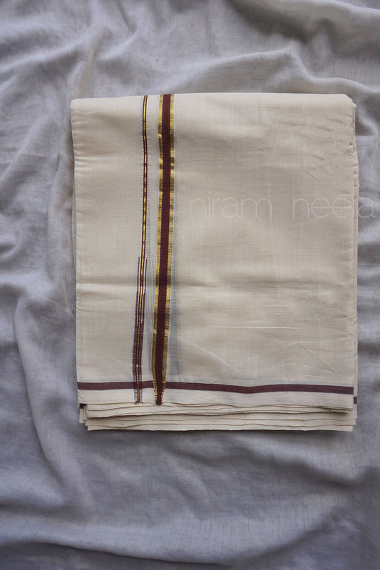 Ivory and maroon puliyilakkara double mundu for gents | Niram Neela