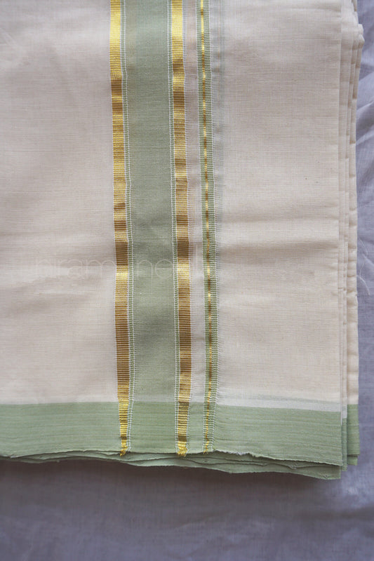 Ivory and pista green kasavu double mundu - Niram Neela