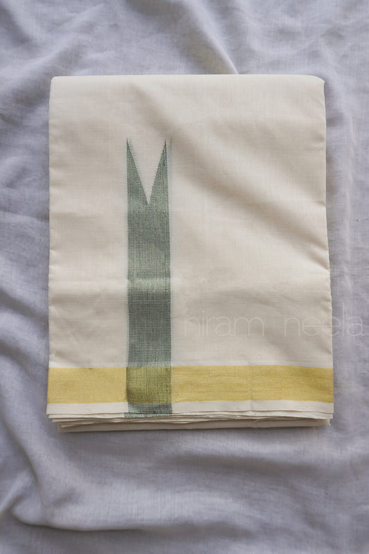 Ivory and green chutti double mundu for men from Niram Neela