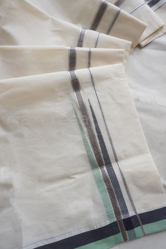 Ivory, green and silver chutti double mundu | Niram Neela