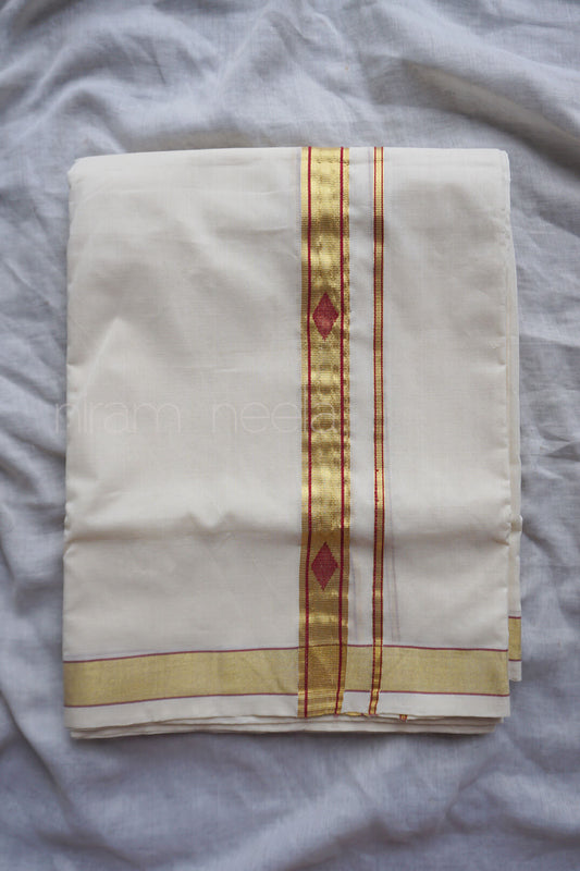 Ivory and red kasavu double mundu | Niram Neela