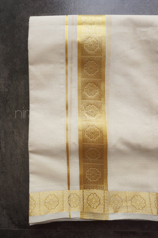 Ivory,gold and silver flower double mundu | Men's dhoti