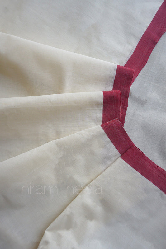 Ivory and beet red double mundu | Men's cotton dhoti from Niram Neela